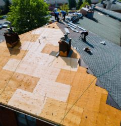 Roof repairs old roof replacement with new shingles of an apartment building